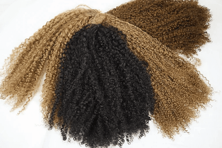 Variety of curly hair weaves in blonde, black, and brown shades.