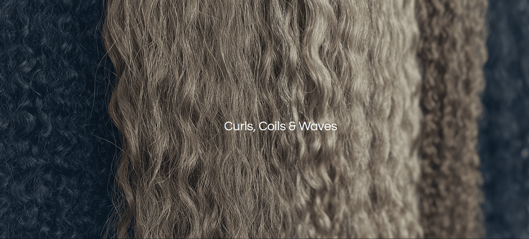 Close-up of textured curly hair with "Curls, Coils & Waves" text overlay.